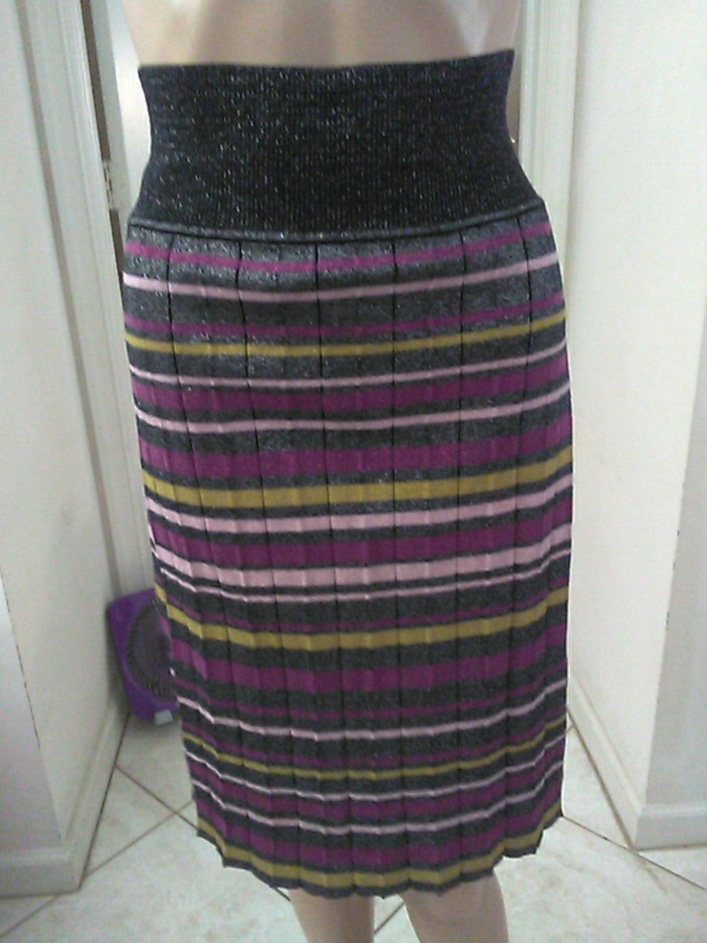 NWOT MID MOD Striped Knit Midi Skirt Purple Olive & METALLICS SZ SM WIDE WAIST
